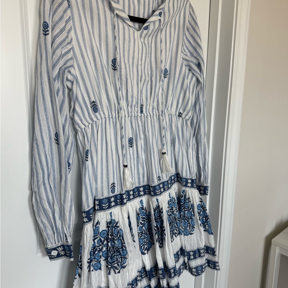 White Tunic Dress with Blue Striped & Floral Embroidery
